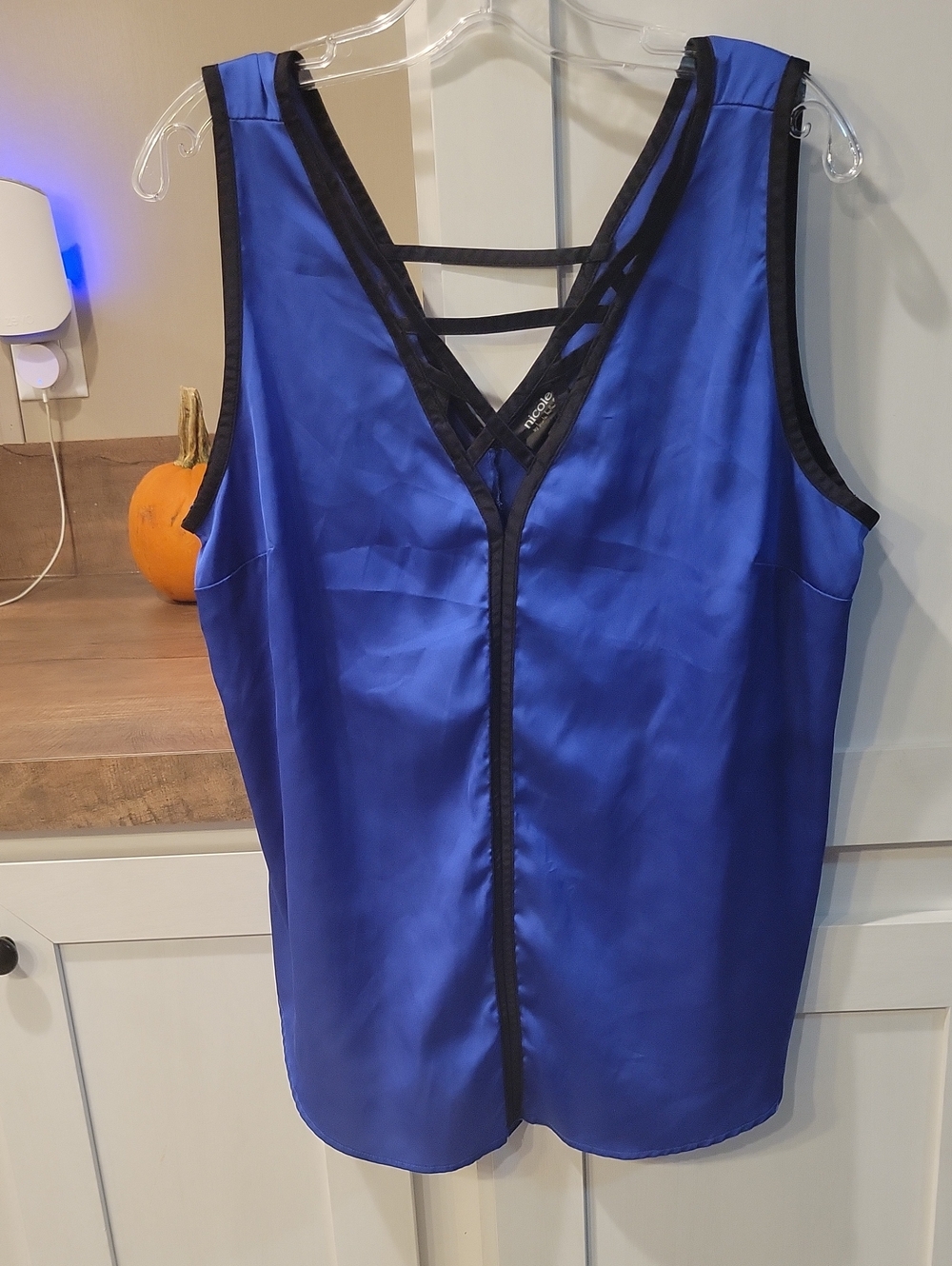 Nicole Blue Satin V-Neck Strappy Sleep Tank with Black Trim